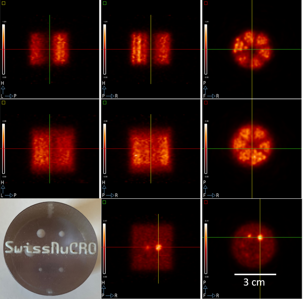 Three rows comparing printed phantom examples: top, PET views of a Derenzo phantom without background activity; middle, Derenzo PET views with background activity; bottom, a NEMA phantom photograph and PET views. The original image includes colour scales, crosshairs and a 3 cm scale bar.